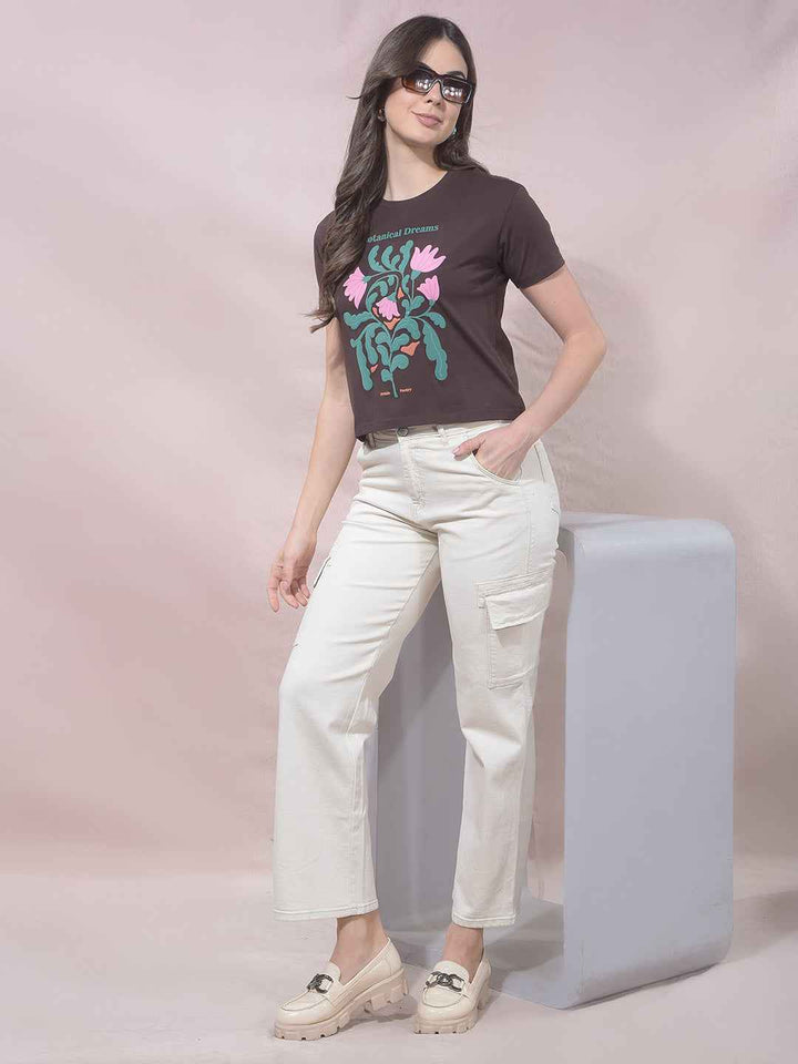 Brown Floral Print Cropped T-Shirt