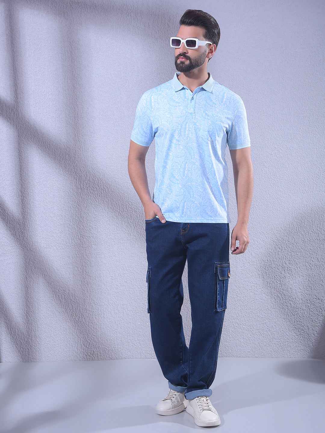 Blue Floral Print Polo Neck T-Shirt