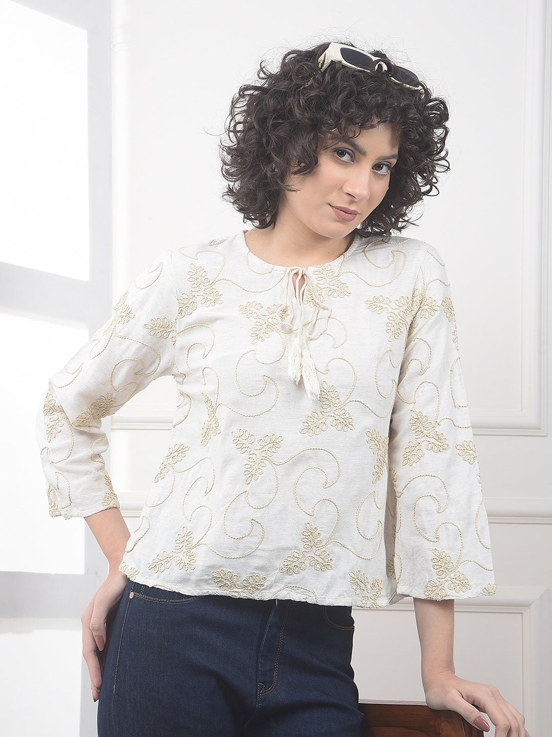 Beige Embroidered Linen Top