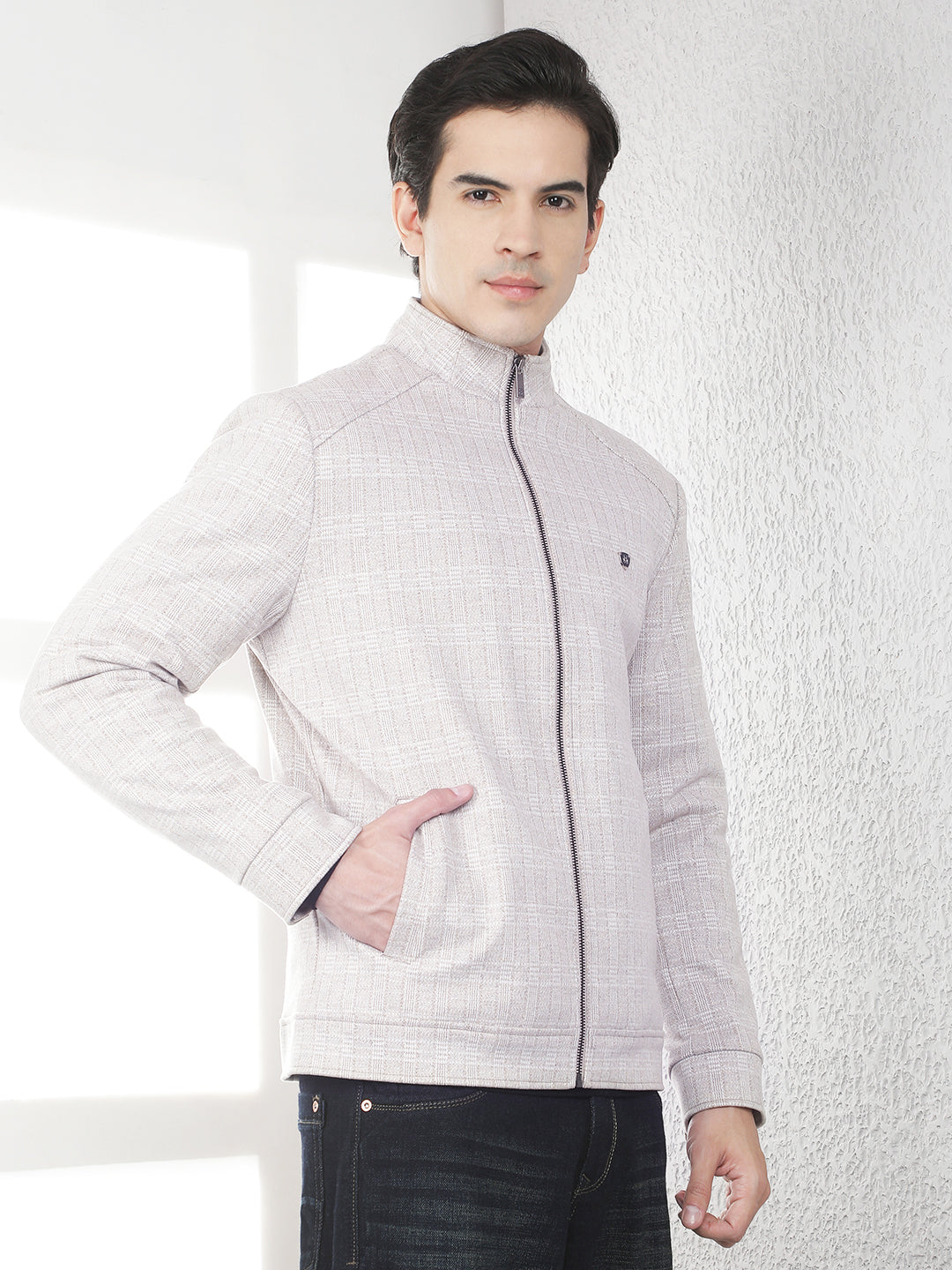 Beige Checked High Neck Tailored Jacket