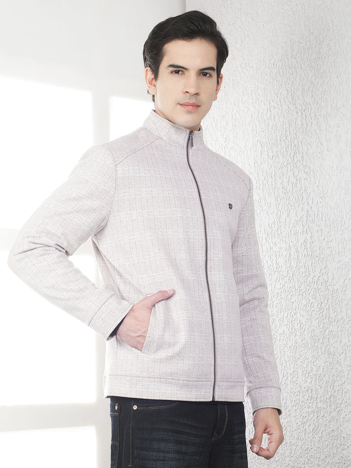 Beige Checked High Neck Tailored Jacket