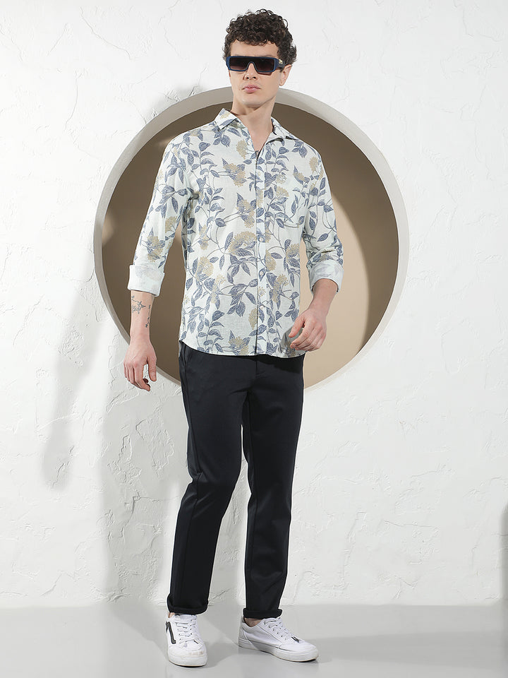 Blue Botanical Print Linen Shirt