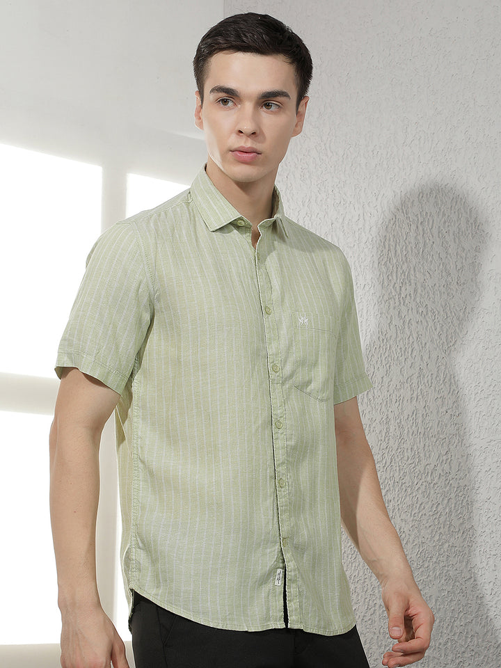 Green Vertical Striped Linen Shirt