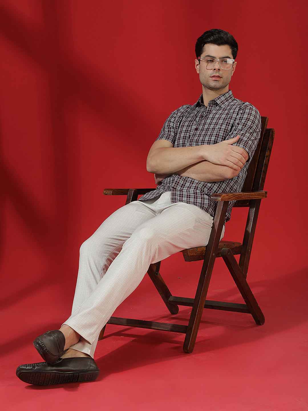 Beige Checked Knitted Trousers