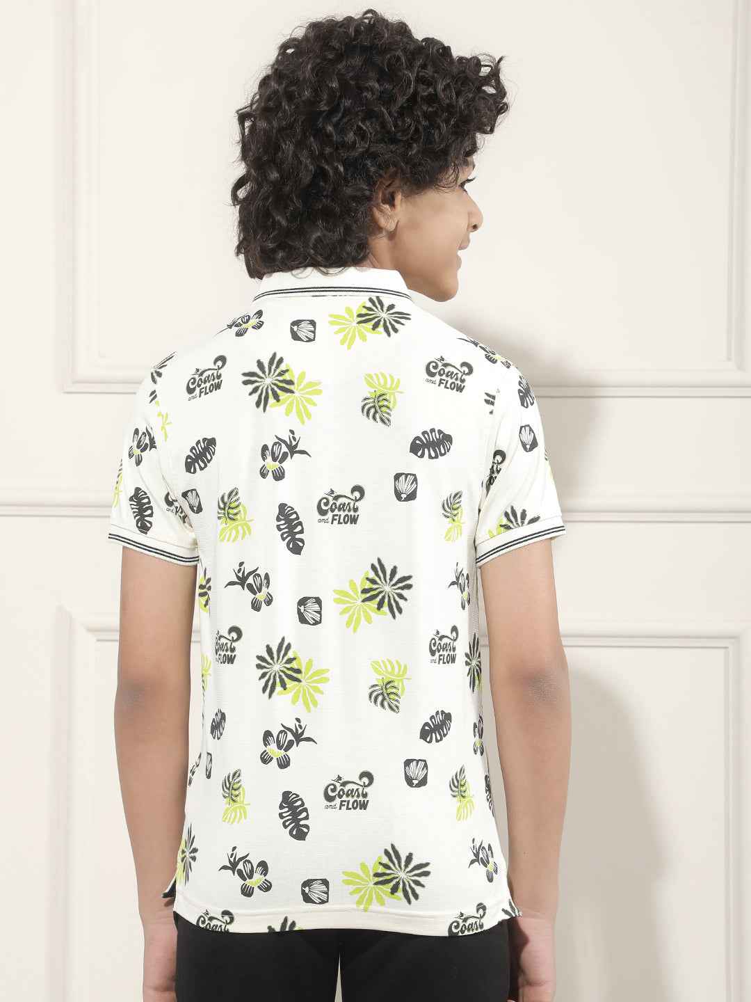 Tropical Print Cream Polo T-Shirt