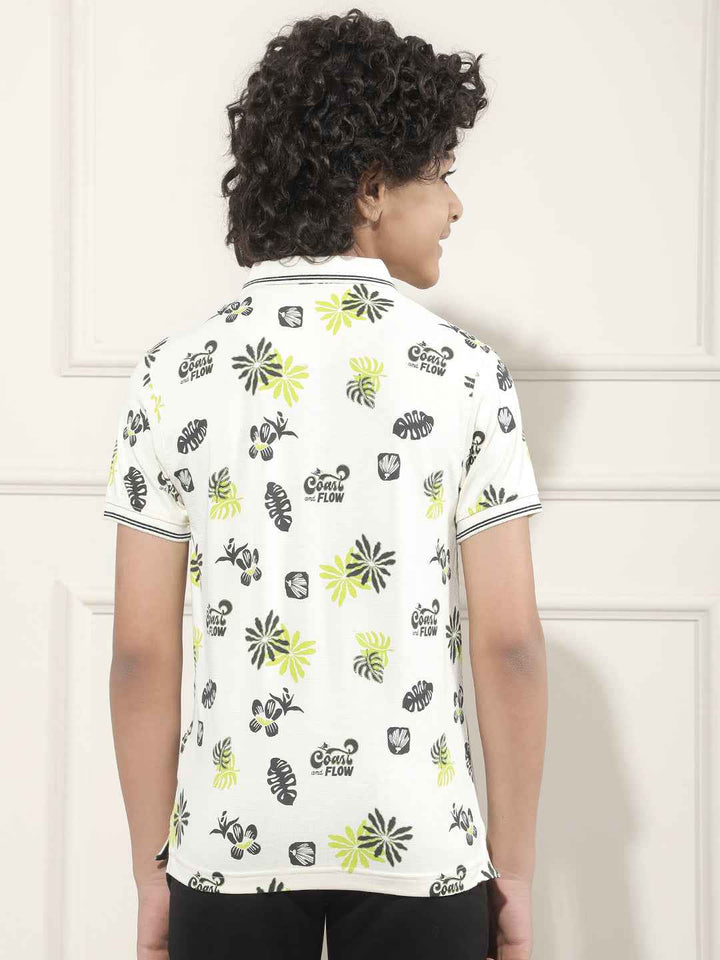 Tropical Print Cream Polo T-Shirt