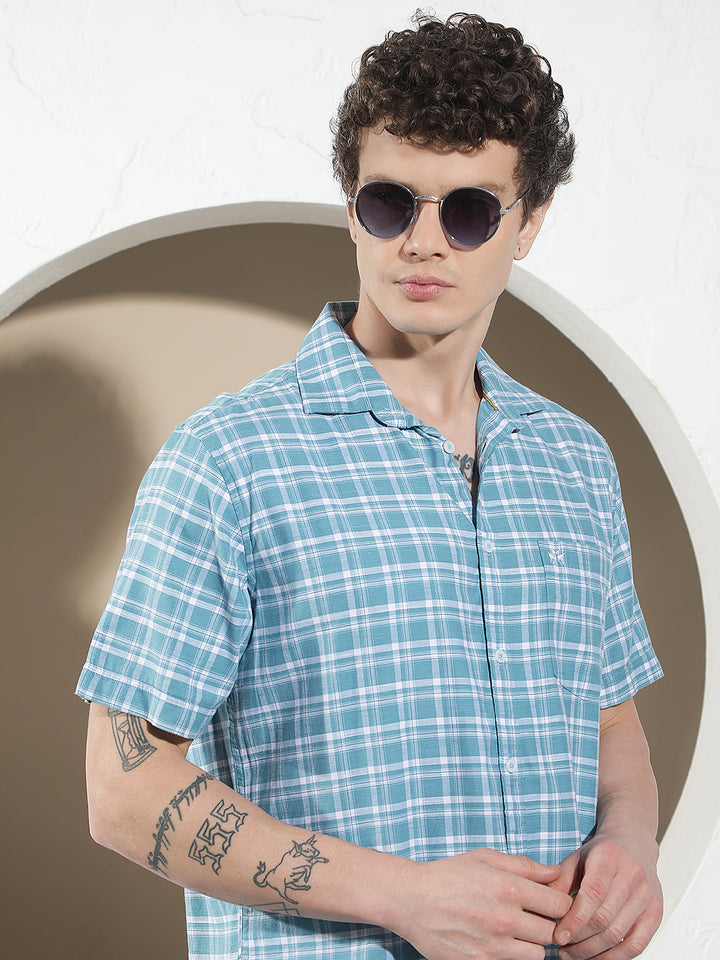 Structured Ocean Blue Checked Shirt
