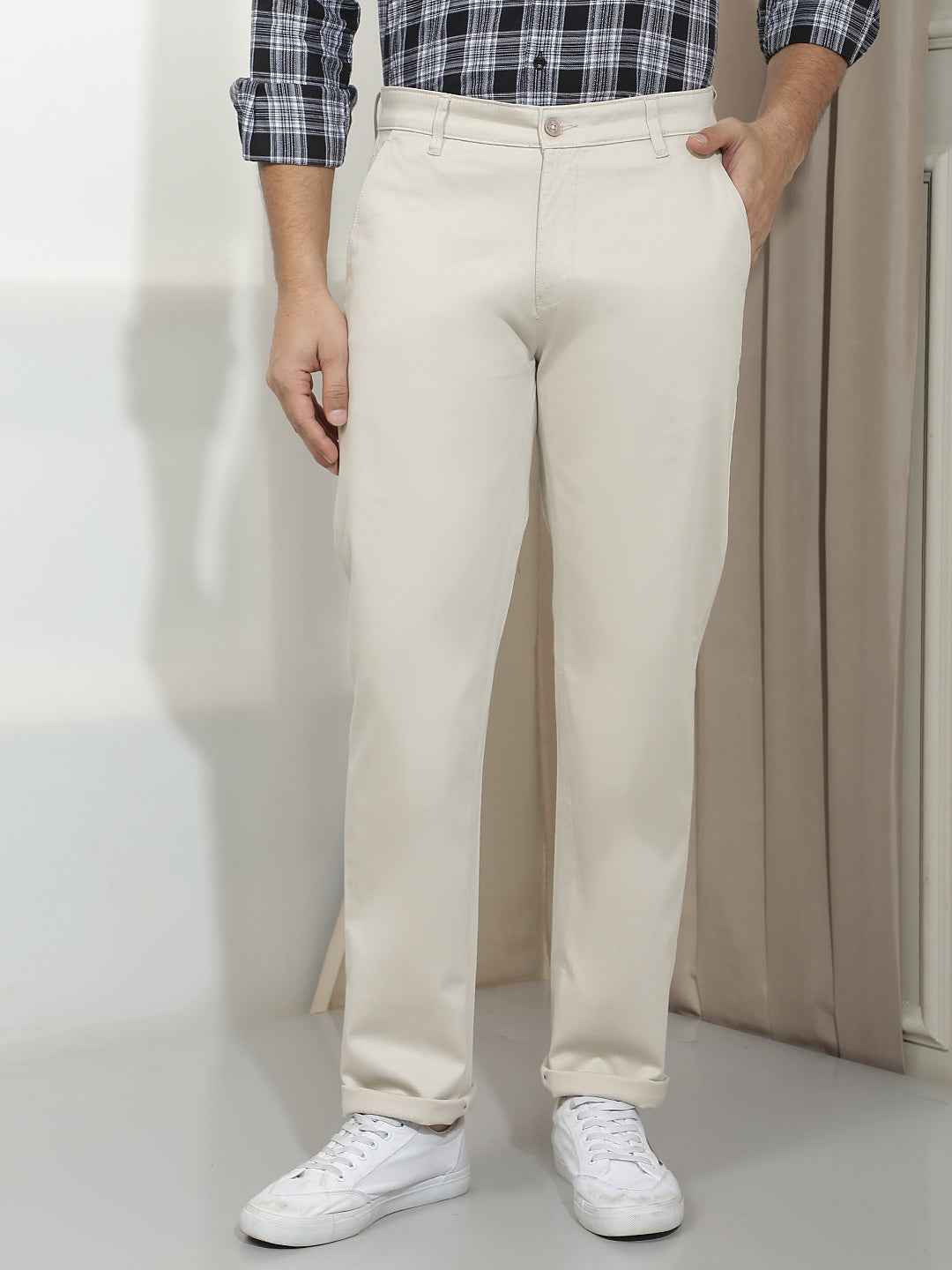 Beige Dobby Straight Trousers