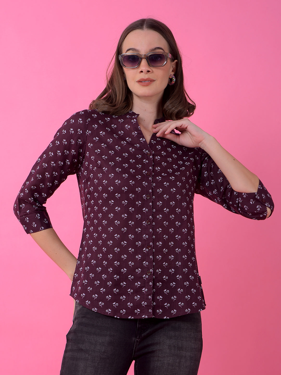 Wine Floral Print V-Neck Shirt