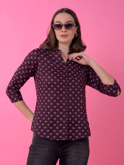 Wine Floral Print V-Neck Shirt