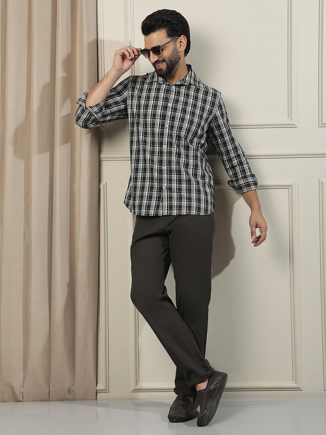 Olive Cotton Stretchable Dobby Trousers