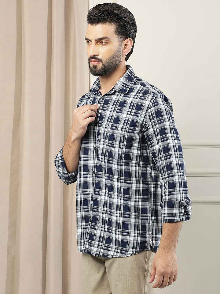 Navy Blue Checked 100% Cotton Shirt