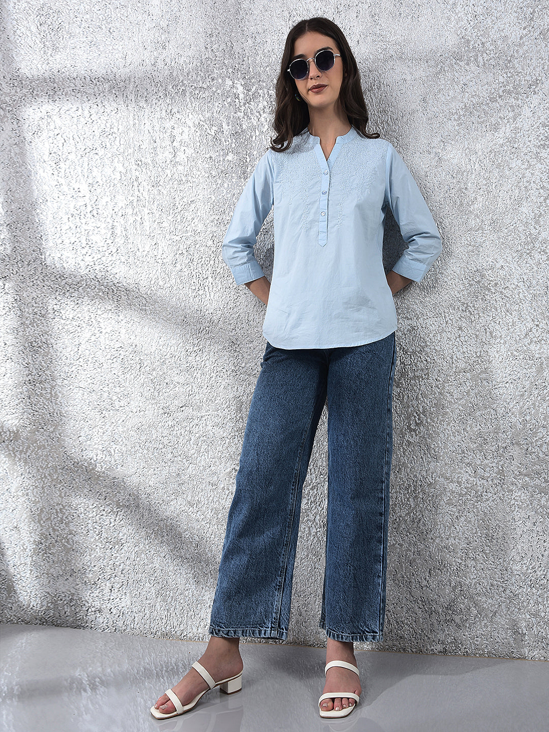 Blue Embroidered V-Neck 100% Cotton Top