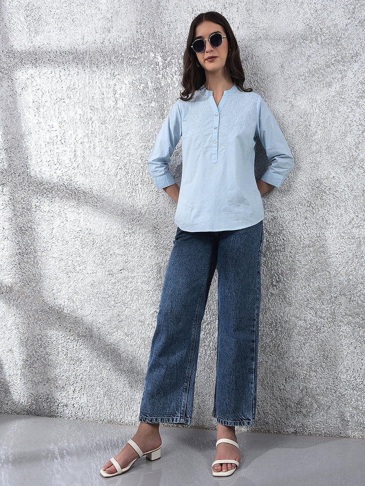 Blue Embroidered V-Neck 100% Cotton Top