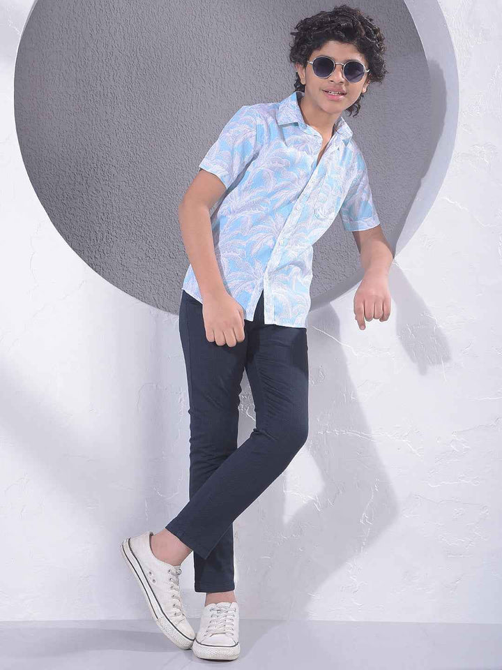 Blue Botanical Print Linen Shirt