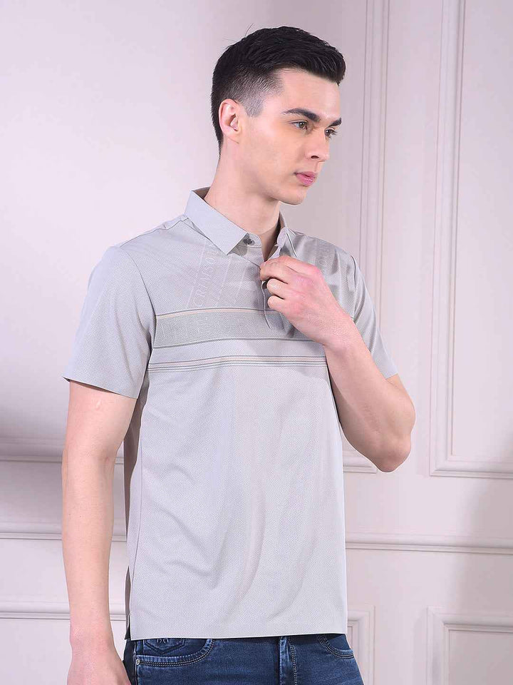 Grey Typographic Print Polo Neck T-Shirt