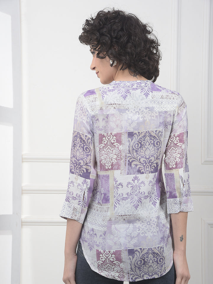 Purple Floral Print V-Neck Top