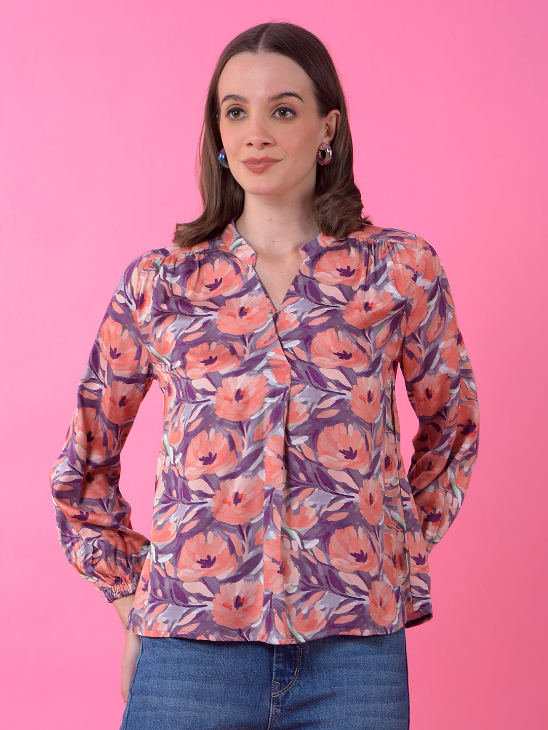 Purple Floral Print V-Neck Top