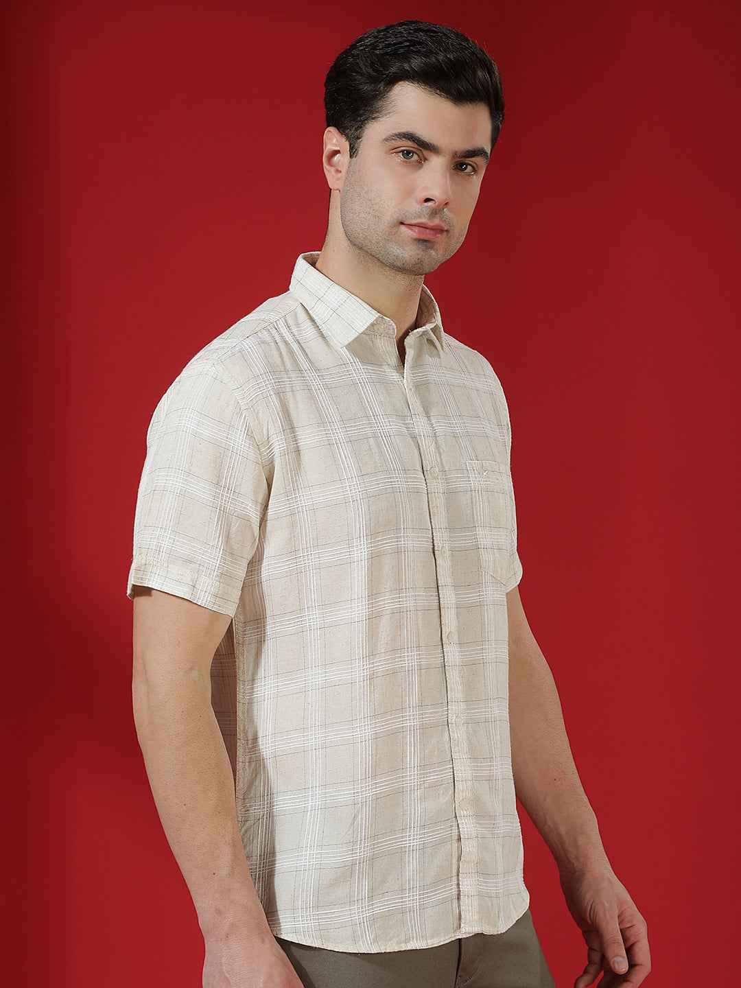 Off White Checked Linen Shirt