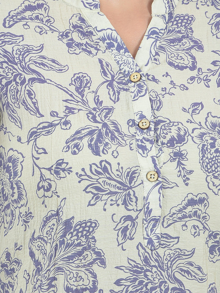 Purple Floral Print V-Neck Top