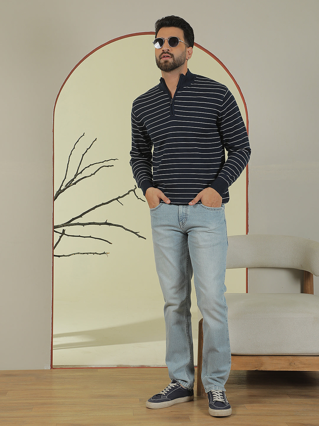 Navy Blue Horizontal Stripes Mock Neck Sweater