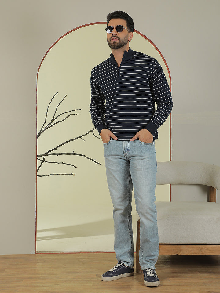 Navy Blue Horizontal Stripes Mock Neck Sweater