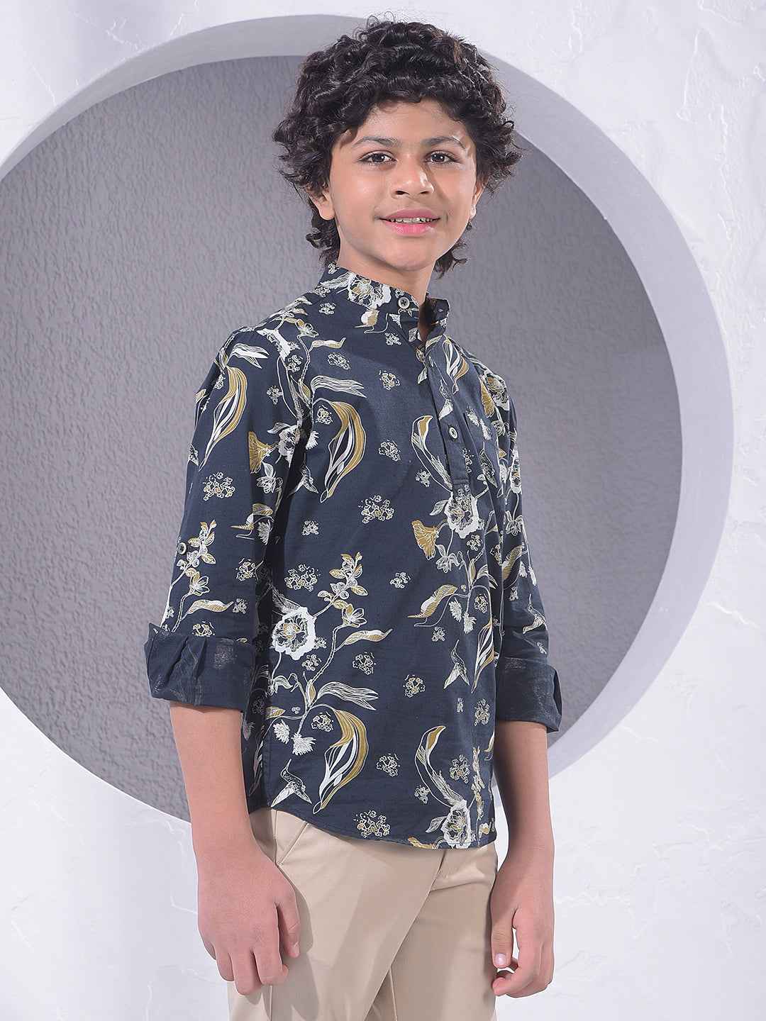 Navy Blue Floral Print Kurta