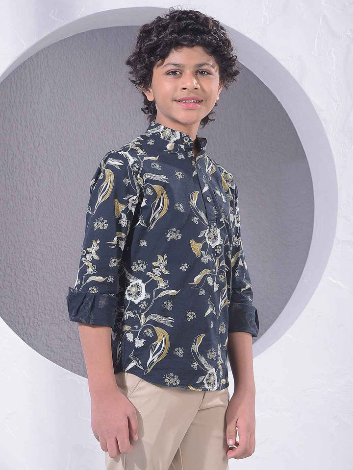Navy Blue Floral Print Kurta
