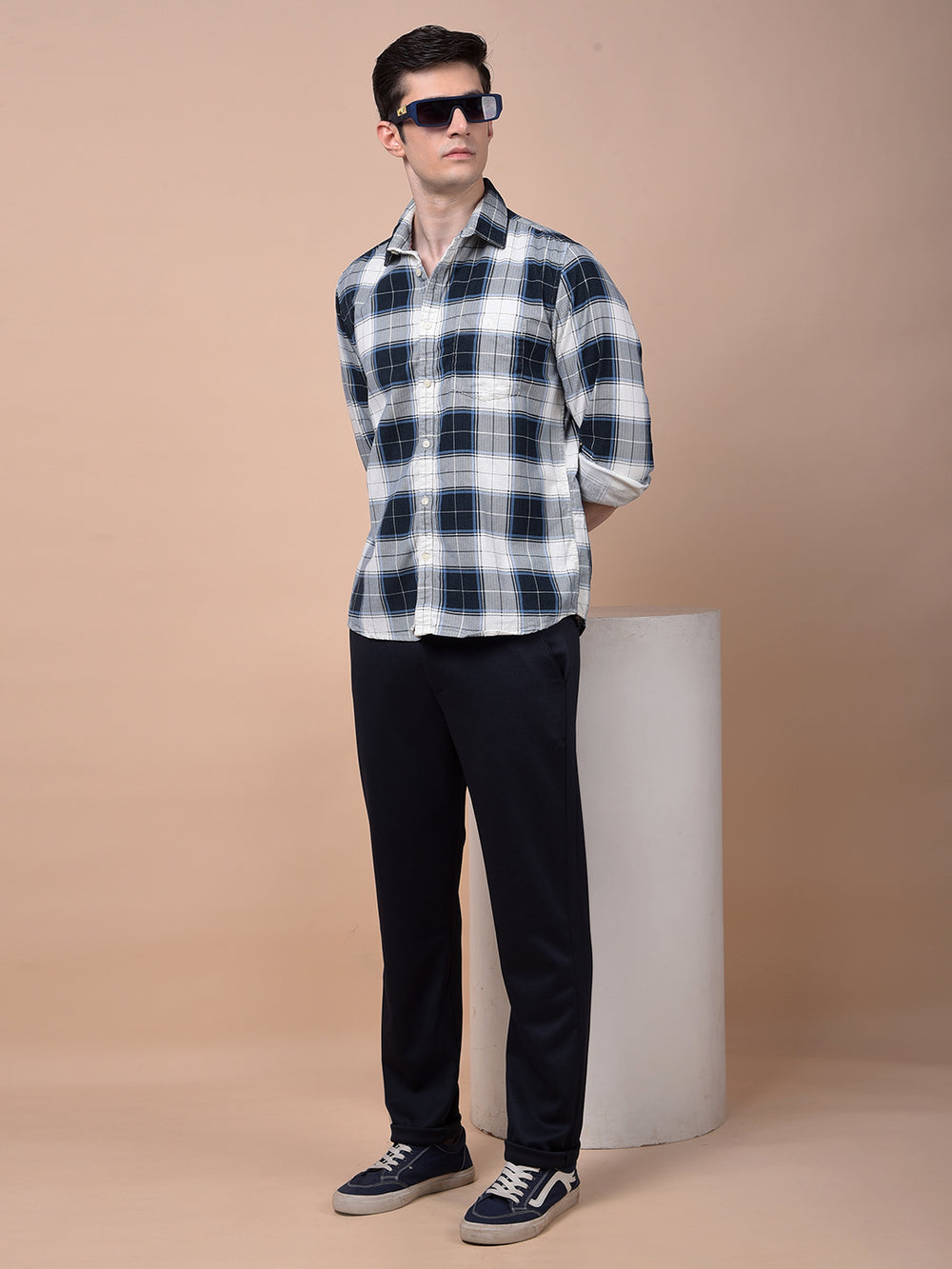 Blue Checked 100% Cotton Corduroy Shirt