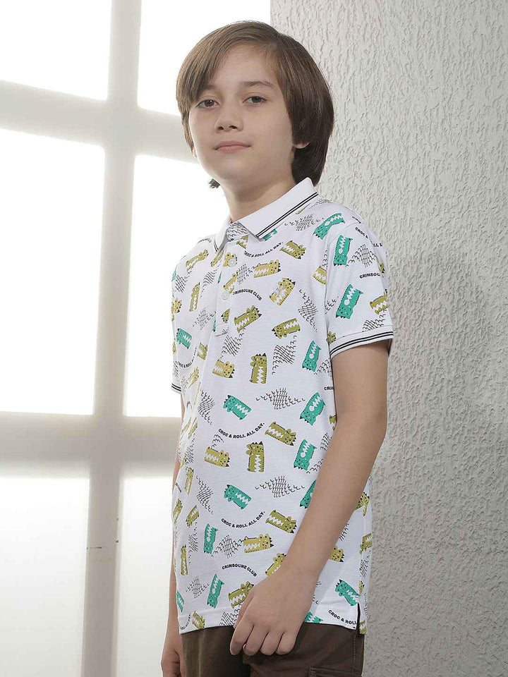 White Abstract Print Polo T-Shirt
