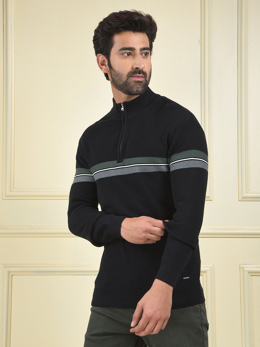 Black Horizontal Stripes High Neck 100% Cotton Sweater