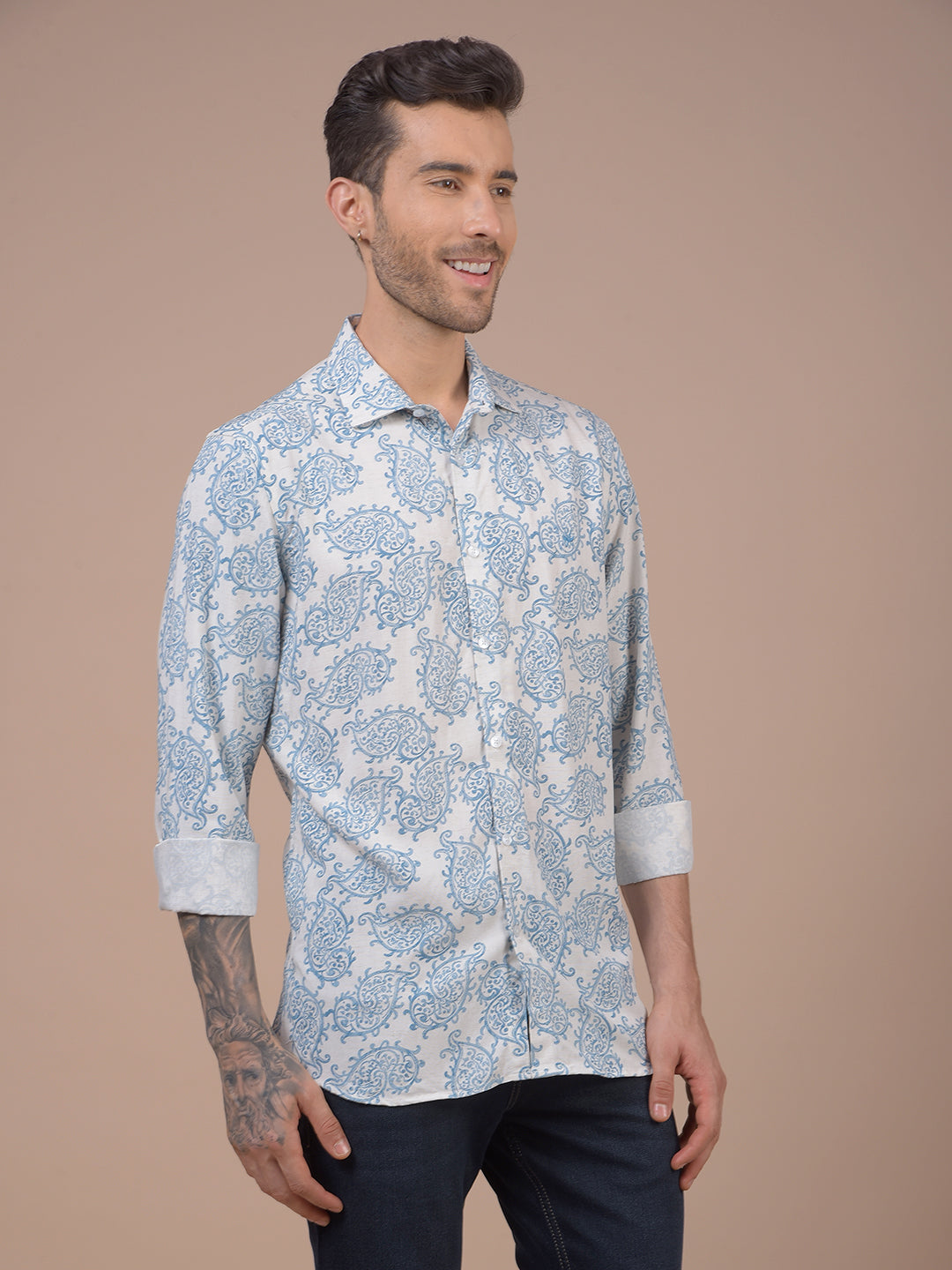 Blue Floral Print Linen Shirt