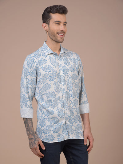 Blue Floral Print Linen Shirt