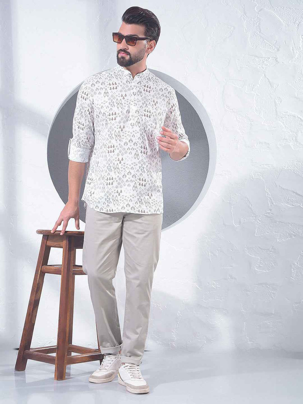 White Printed Linen Kurta