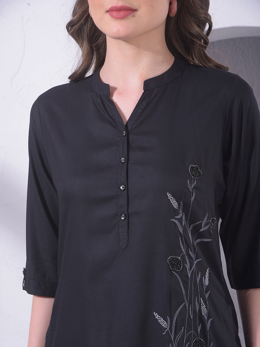 Black Embroidered Mid-Thigh Length V-Neck Top