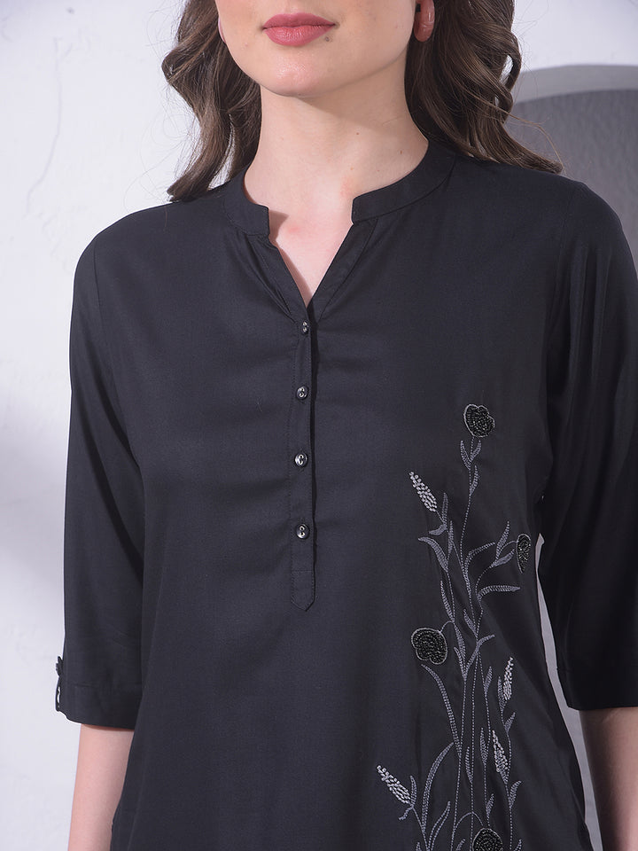 Black Embroidered Mid-Thigh Length V-Neck Top