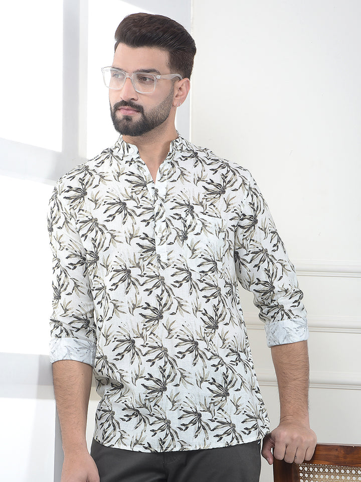 Olive Floral Printed Linen Kurta