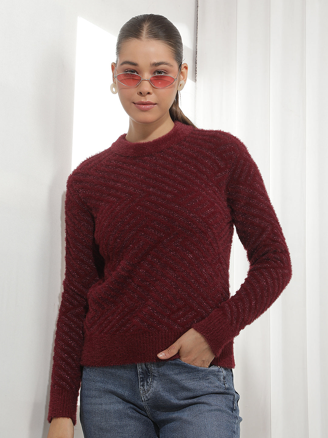Maroon Jacquard Acrylic Sweater