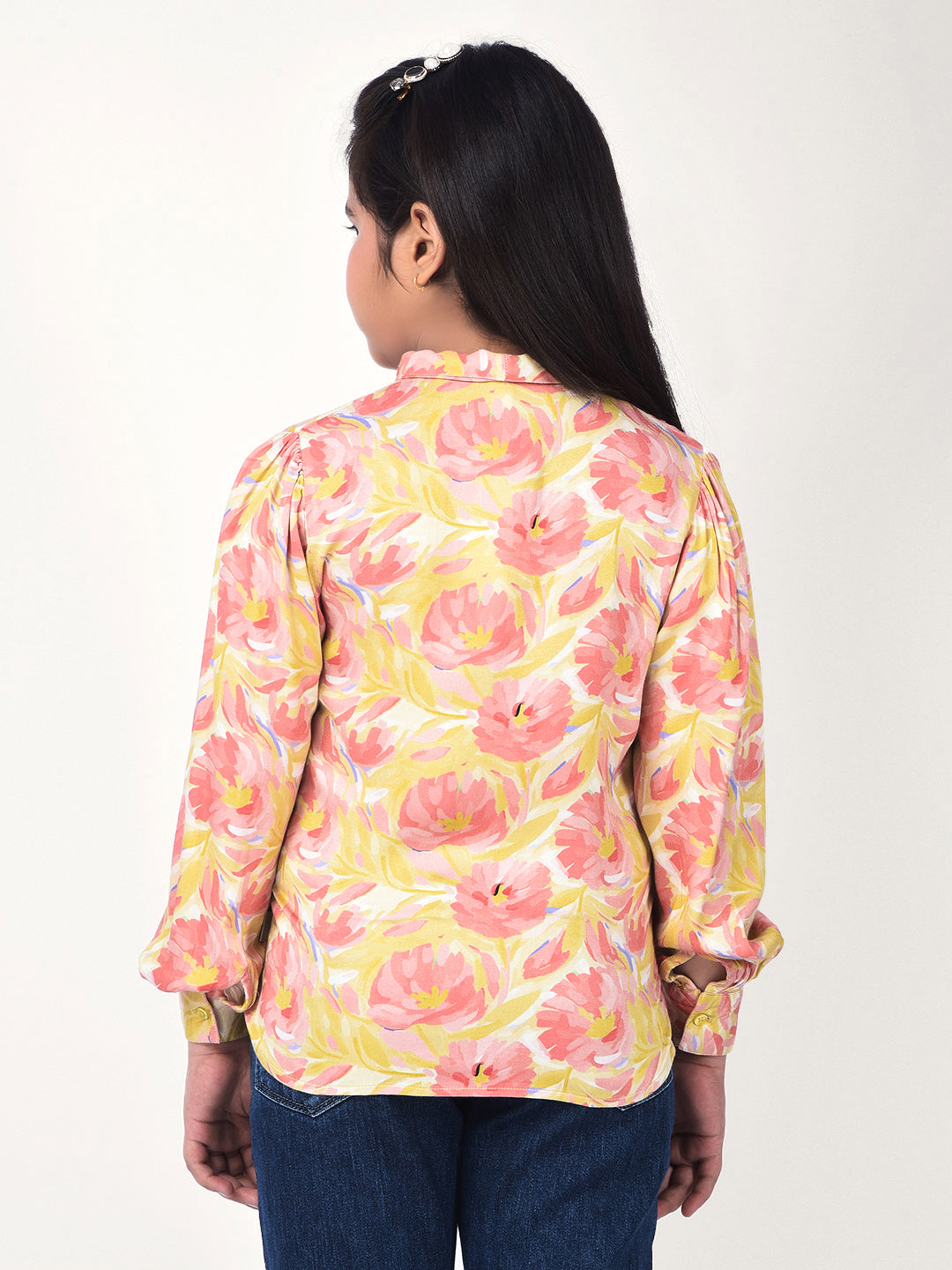 Orange Floral Print Tie-Up Neck Shirt