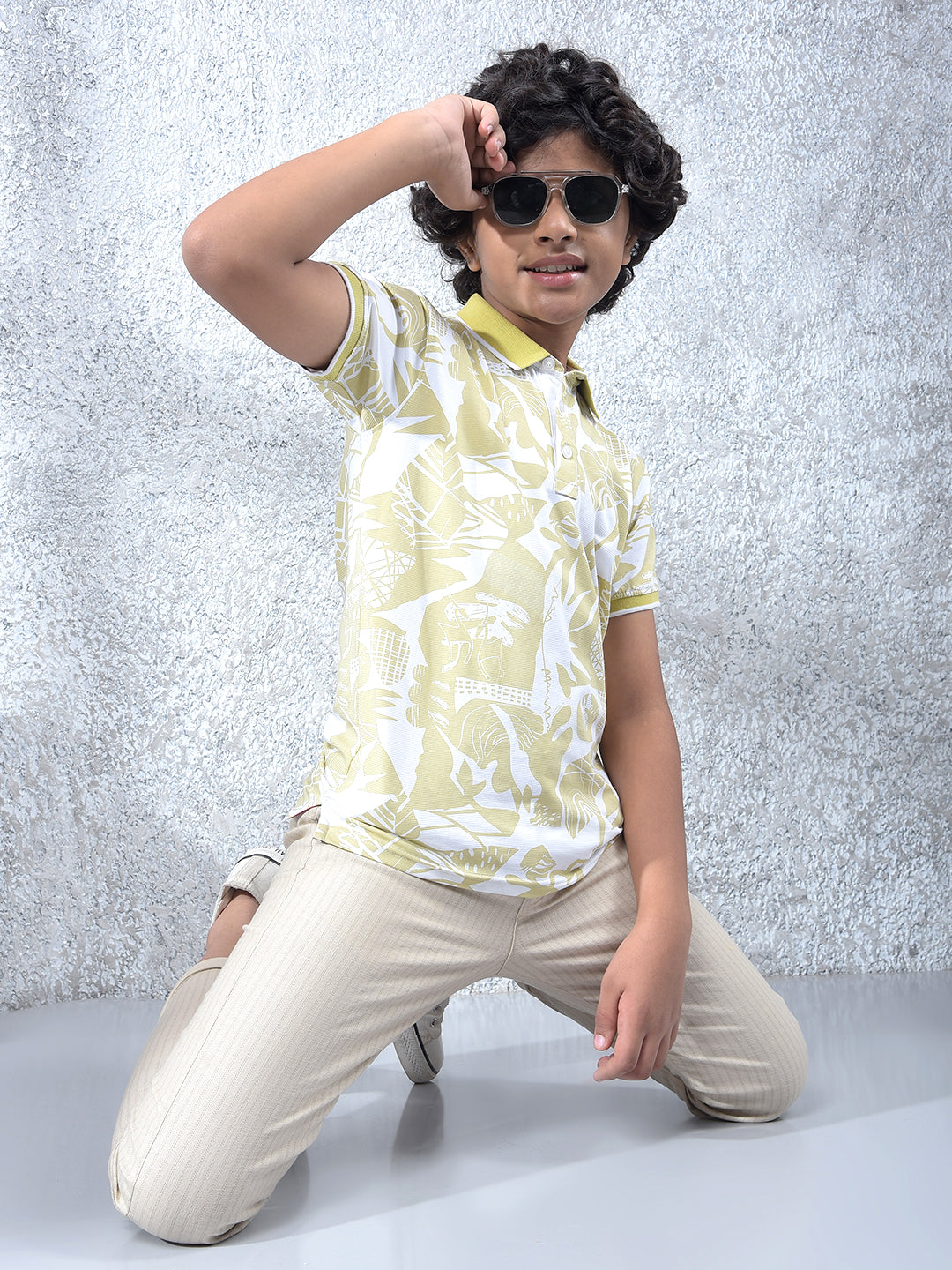 Yellow Floral Print Polo Neck Knitted T-Shirt