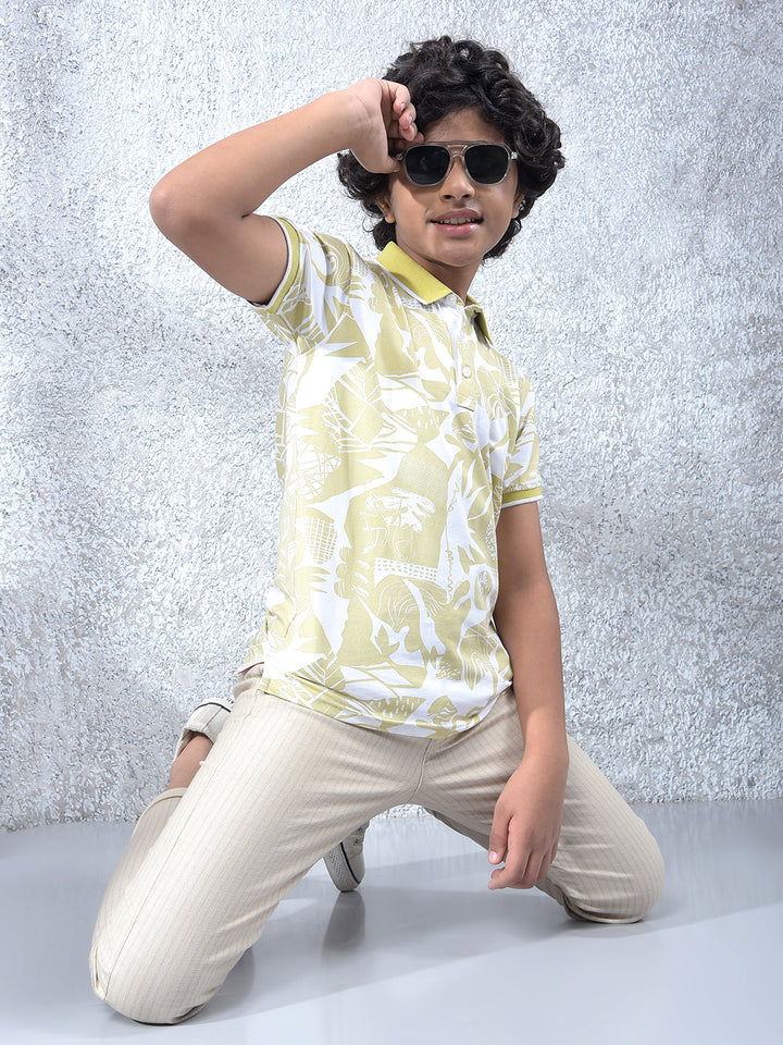 Yellow Floral Print Polo Neck Knitted T-Shirt