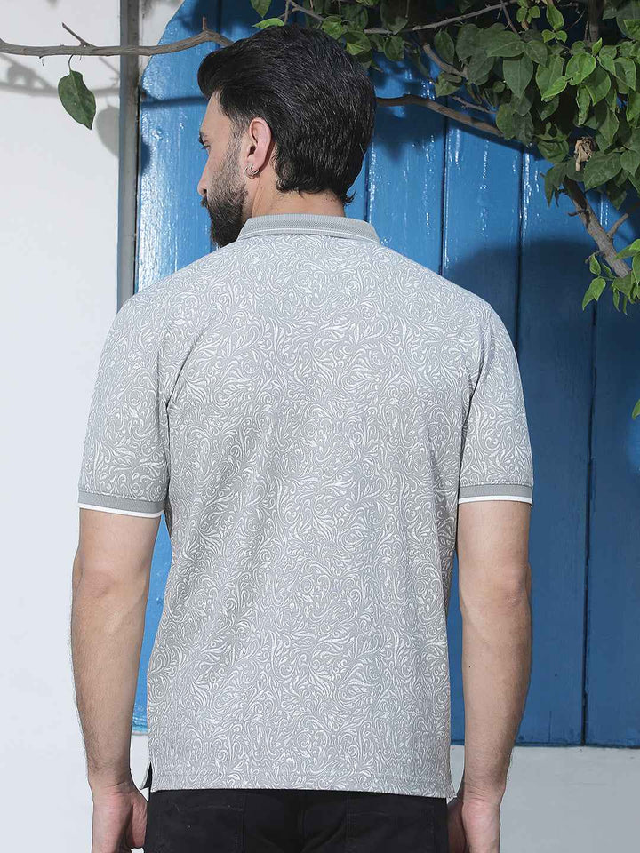 Grey Printed Polo Neck T-Shirt