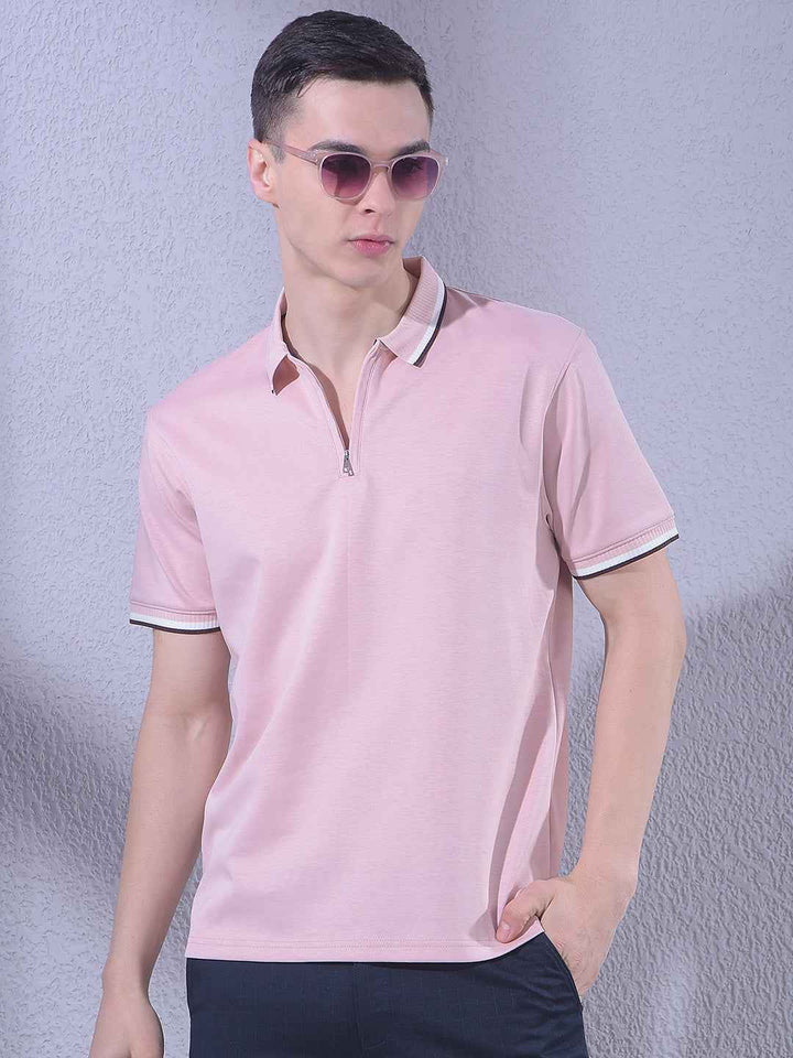 Pink Polo Neck T-Shirt with Zip Closure