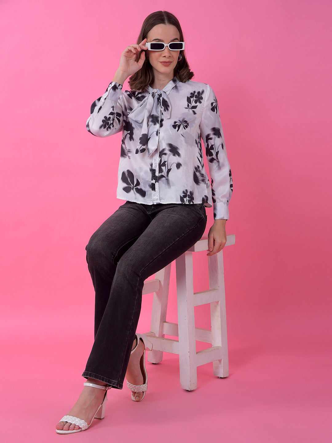 Black Floral Print Tie-Up Top