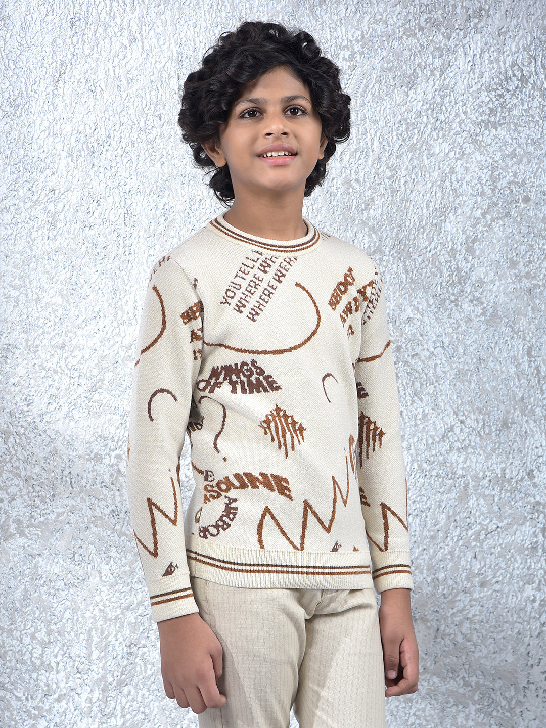Cream Typographic Print Knitted Sweater