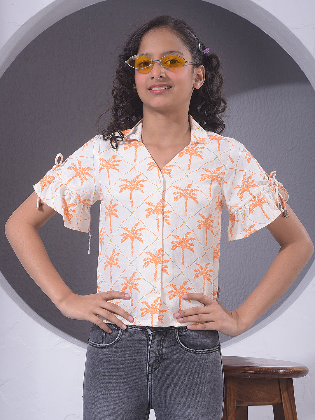 Orange Floral Print V-Neck Shirt
