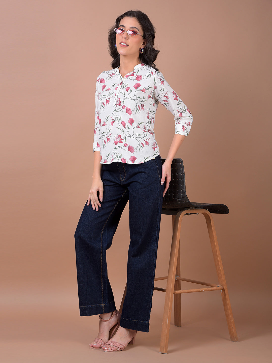 Green Floral Print V-Neck Linen Top