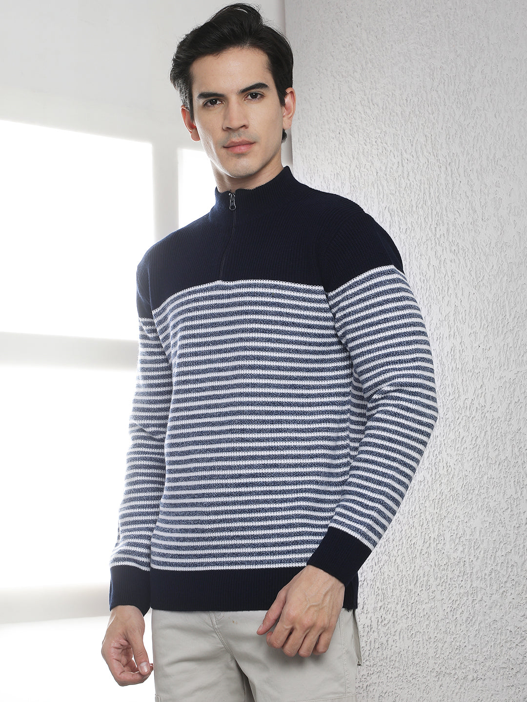 Navy Blue Horizontal Stripes High Neck Sweater