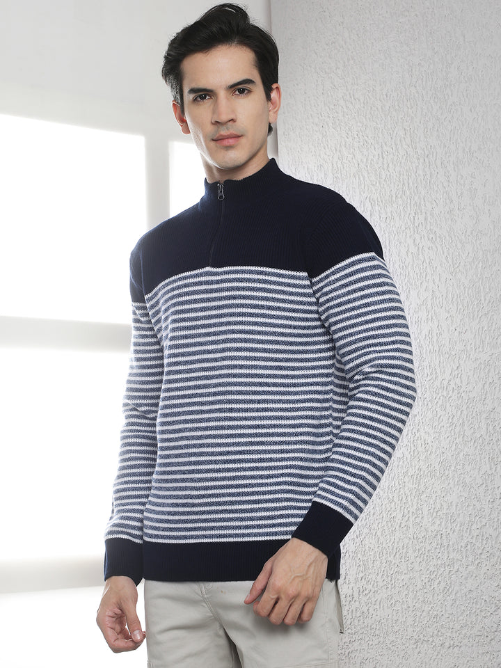 Navy Blue Horizontal Stripes High Neck Sweater
