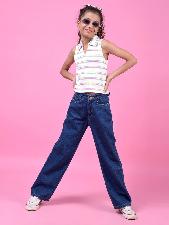 White Horizontal Stripes V-Neck Sleeveless Cropped T-Shirt